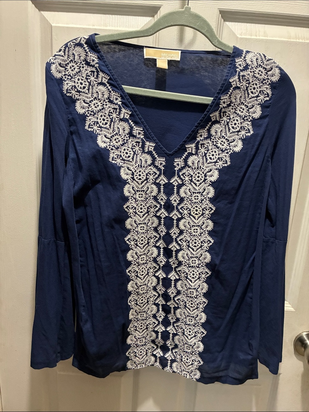 Michael Kors Navy Long Sleeve Top with White Embroidered Trim